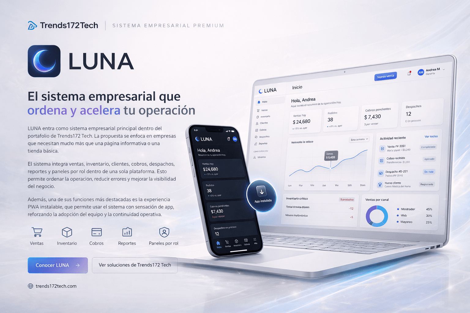 Vista premium de LUNA en desktop y mobile