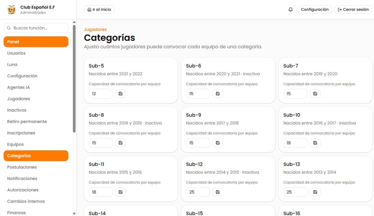 Configuración real de categorías deportivas en LUNA Football