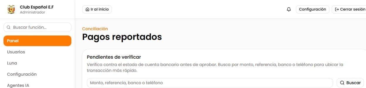 Flujo real de conciliación de pagos en LUNA Football sin datos personales