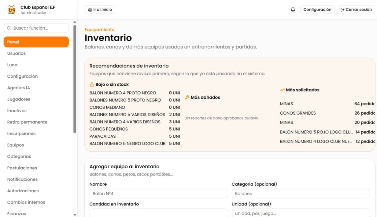 Inventario real de equipamiento deportivo en LUNA Football